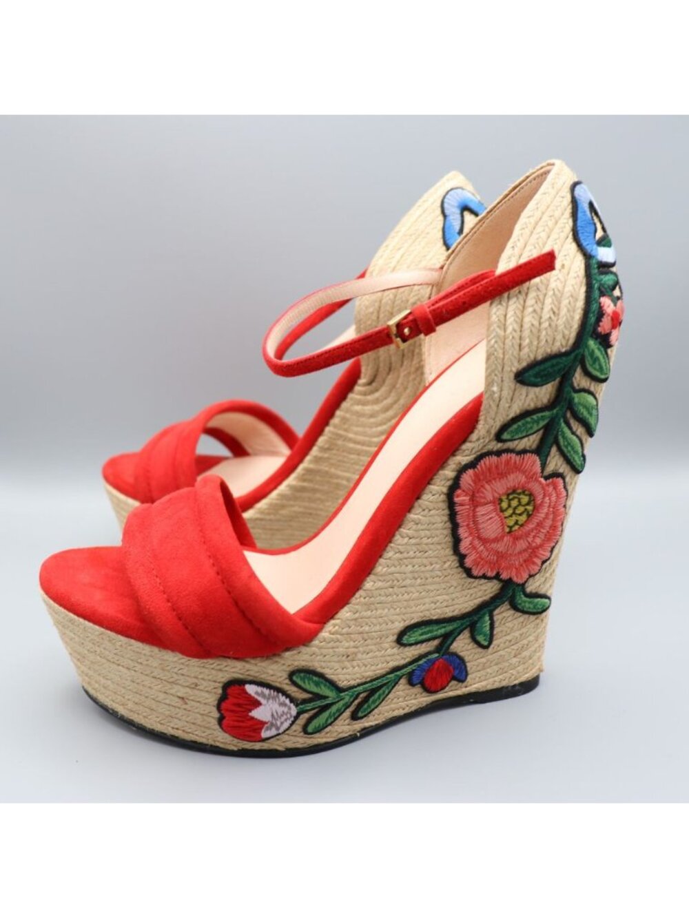 Gucci Ophelia Hibiscus Red Suede Floral Crewel Wedge Platform Espadrille 38 Box - Picture 6 of 16